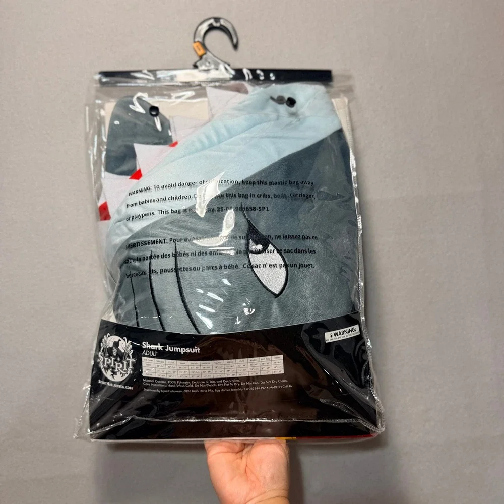 Spirit Halloween Shark Jumpsuit Adult SM/MD Plush Hooded Costume Grey 01482208